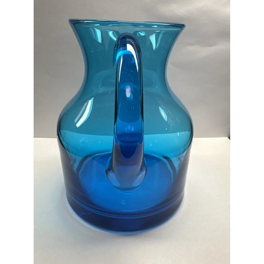 Blenko Vintage Handblown Art Glass Pitcher in Aqua Blue 5.5